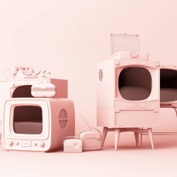 Old televisions and vintage radio player on a pink background. 3D rendering